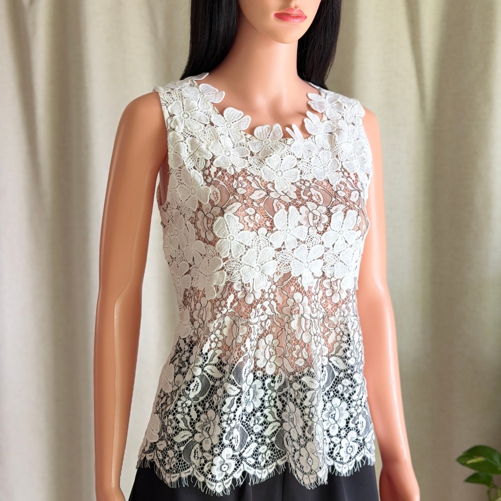 Blue Tassel Womens Ivory Black Floral Lace Sheer Sleeveless Top Scalloped Neck S